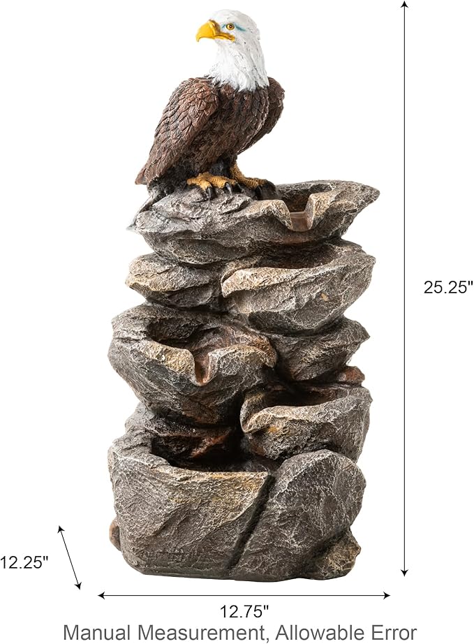 Glitzhome Outdoor Water Fountain with Lights, 4-Tiered Eagel Outdoor Fountain, 25.25" H Polyresin Decorative Waterfall Feature Garden Fountain with Pump for Garden, Patio, Yard, Deck, Porch Decor