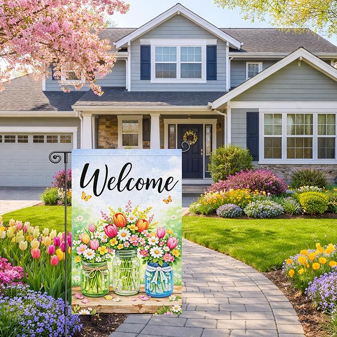 Heyfibro Spring Welcome Garden Flag 12x18 Inch Double Sided Butterfly Florals Garden Flag Small Yard Flags for Outside House Farmhouse Seasonal Spring Outdoor Decorations