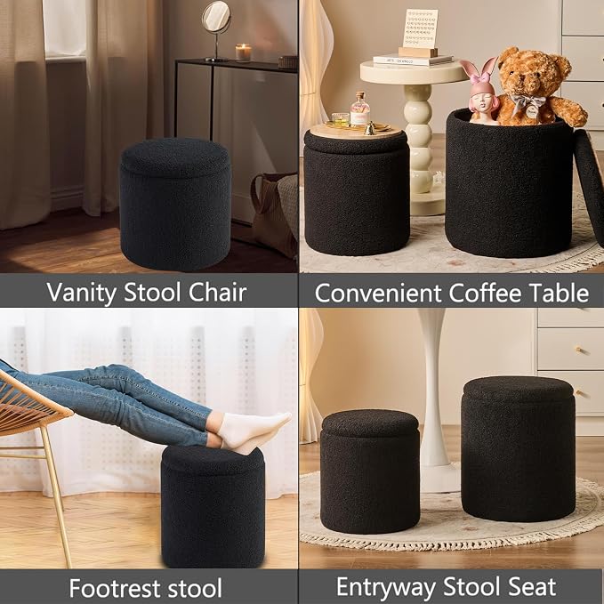 BLEXA Set of 2 Round Storage Ottoman, Black Boucle Ottoman with Storage | Upholstered Padded Vanity Stool, Multifunctional Coffee Table & Foot Rest for Bedroom, Living room with Hidden Storage Space