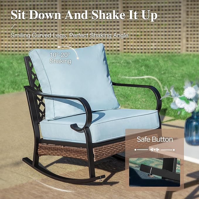 HERA'S HOUSE Patio Rocking Chairs Set of 2 with Thick Cushions, High Back Metal Outdoor Rockers, All Weather Garden Furniture for Backyard, Deck, Lawn, Blue