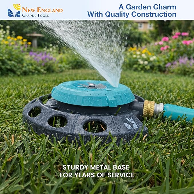 Multi-Pattern Spot Sprinkler 400001 - Adjustable 9 Spray Patterns, Heavy-Duty Metal Base, Decorative Turret Design, Versatile Lawn & Garden Watering, Durable Build by New England Garden Tools