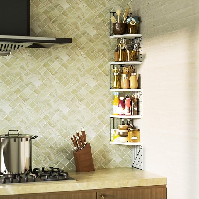 Love-KANKEI Corner Wall Shelf 5 Tier,Solid Wood/Metal Bracket,51"Tall,White