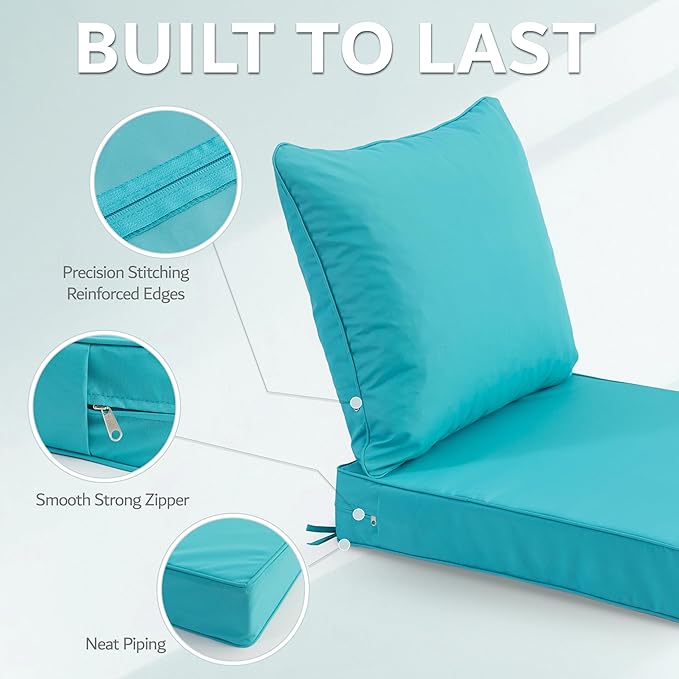 19x19 Inch Patio Chair Cushions Set of 2, Outdoor Furniture Cushions - Removable Cover, Water-Repellent, Fade-Resistant, Non-Slip Bottom & Straps, Replacement for Lawn, Porch & Deck Chair - Teal