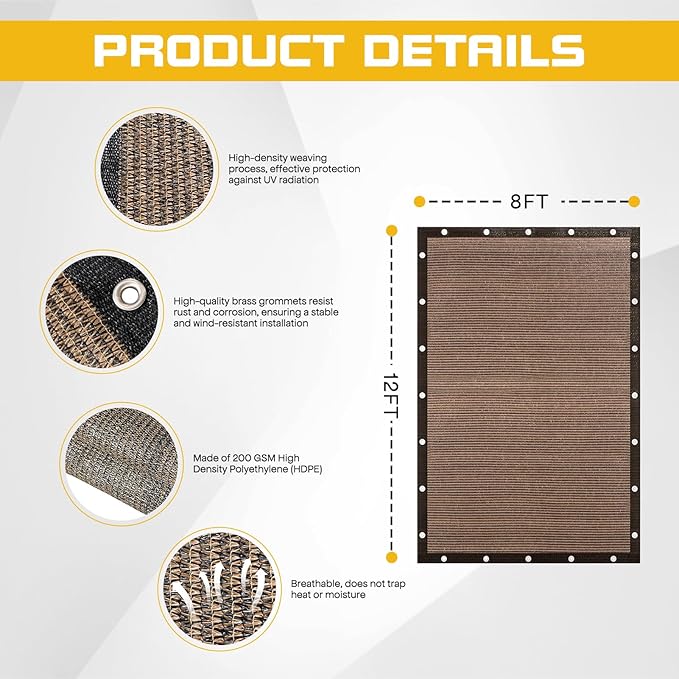 8'x 12' Sun Shade Cloth with Bungee Balls, Mocha Outdoor Pergola Shade Cover with Grommets, 90% UV Block Privacy Screen for Patio, Garden, Backyard