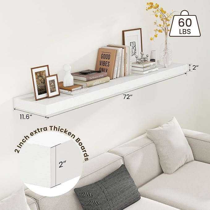 FLYJOE 72 Inch Floating Shelf, 12'' Deep White Shelves for Wall Set of 1