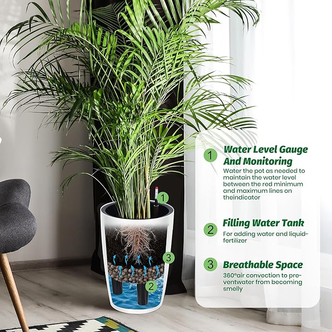 16" Tall Round Planter Set of 4, Self Watering Pots, Large Planter for Indoor Outdoor Plants, Built-in Drainage and a Water Level Monitor, for Patio, Porch, Living Room, or Home Office, White