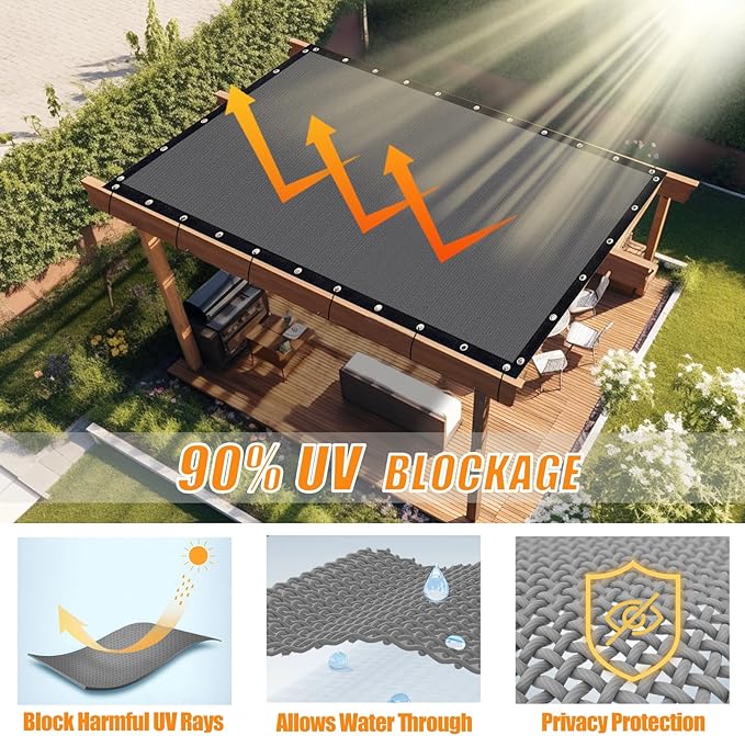 KANAGAWA 90% Sun Shade Cloth 10'X 20' Outdoor Pergola Shade Cover Canopy with Grommets UV Block Privacy Screen for Patio, Backyards, Outdoor, Carport, Garden, Light Gray
