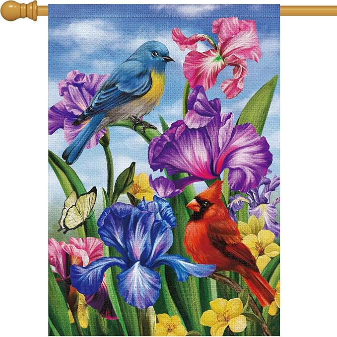 Louise Maelys Welcome Spring House Flag 28x40 Double Sided Vertical, Burlap Large Cardinal Birds Irises Floral Yard House Outside Outdoor House Summer Seasonal Decoration