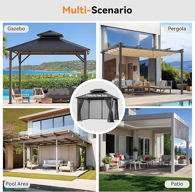 Covered Outdoor Universal Gazebo Mosquito Netting 10'x10' Replacement, 4-Panel Screen Walls with Double Zipper for Outdoor PatioCanopy Garden Gazebos, Dark Gray and Black
