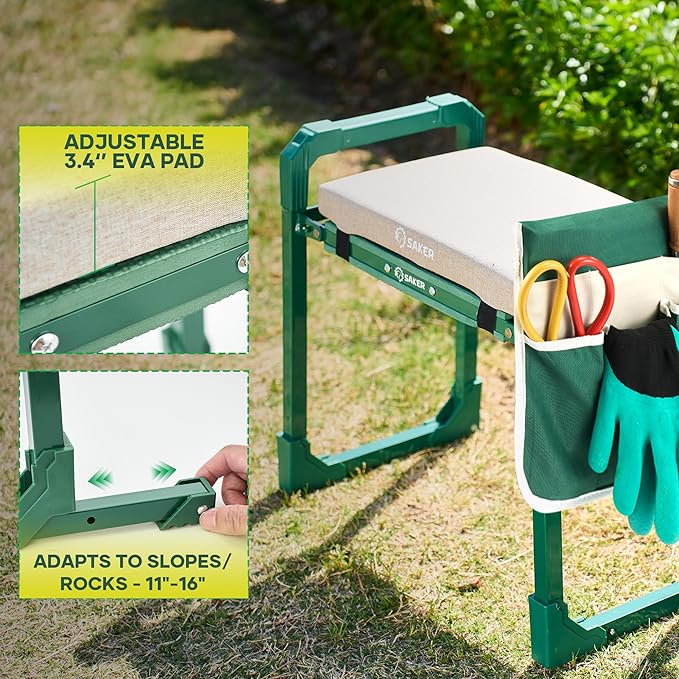 Saker Garden Kneeler and Seat Foldable Gardening Stool with Extendable Legs & Thickened Pad, Tool/Storage Bag, Heavy Duty 500lbs Support for Elderly, Gardening, Outdoor Use