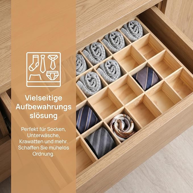 Angoily Socks Organizer Storage Box, Drawer Organizer with 20 Compartments for Underwear and Sundries, Stackable Drawer Container in Original Wooden Color 13.38 X 10.62 X 1.96 in