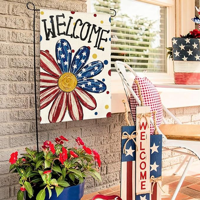 AVOIN colorlife 4th of July Patriotic Garden Flag 12x18 Inch Double Sided Outside, Memorial Day Welcome Floral Daisy Yard Outdoor Decoration