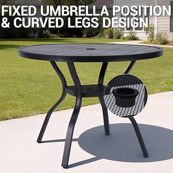 41" Outdoor Dining Table for 4 Person, Metal Round Patio Dining Table with Adjustable Umbrella Hole for Garden, Partitioned Storage Shelf, Backyard and Porch, Black