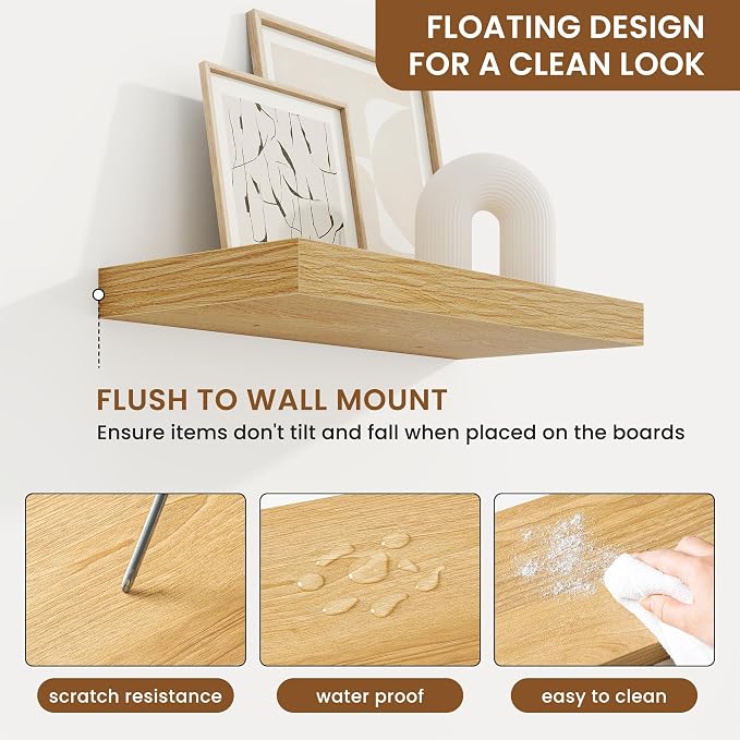 Floating Shelves for Wall, Wall Mounted Wood Shelves, Oak, Set of 2, 16in | Wood Floating Shelf with Invisible Brackets for Living Room, Bathroom, Bedroom, Kitchen, Hanging Shelf for Storage and Decor