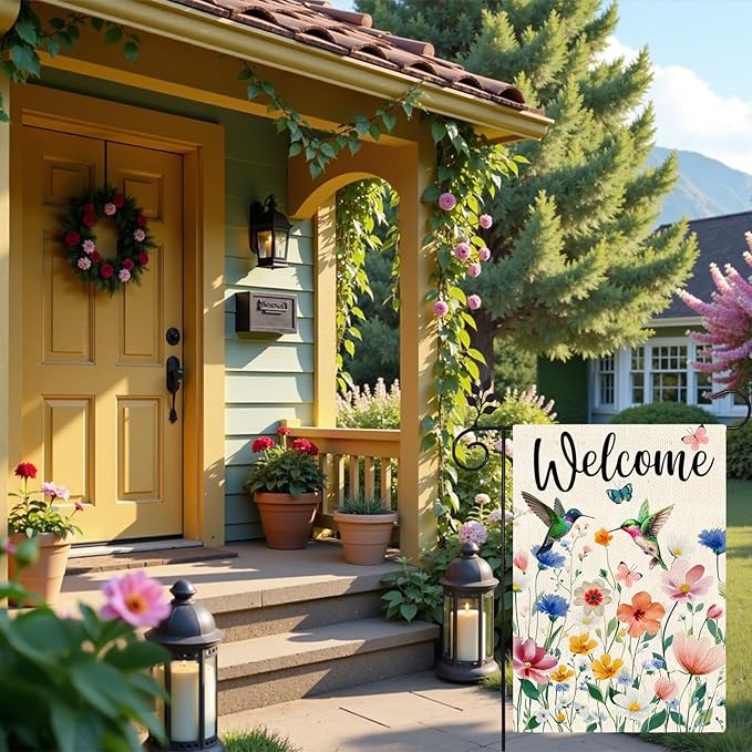 Spring Hummingbird Flowers welcome Garden Flag 12 x 18 Inch vertical Double Sided, outdoor Flag in spring and summer Suitable for Holiday yard decoration