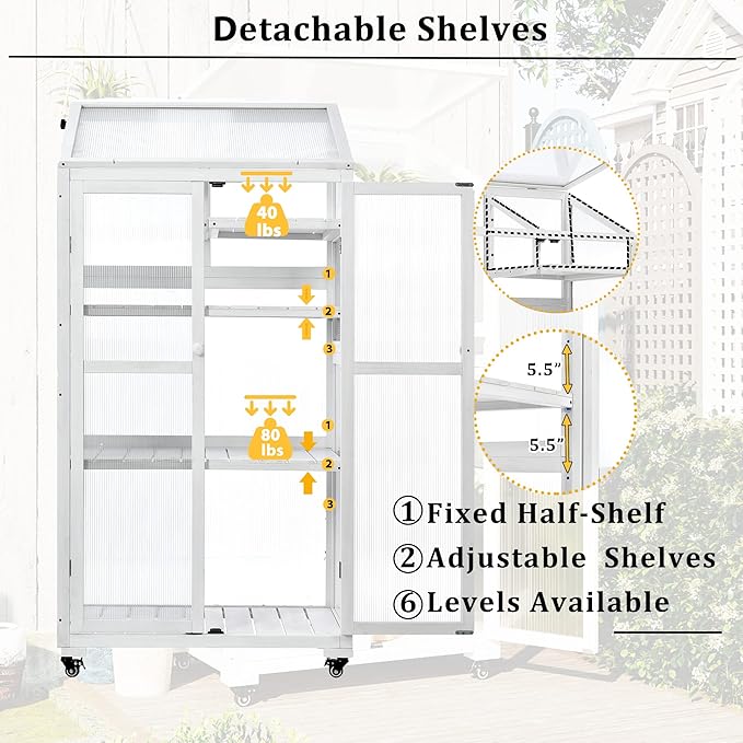 62'' H Wood Greenhouse for Outdoors, Portable Cold Frame Greenhouses with Wheels & Adjustable Shelves for Indoor, Garden, Patio Balcony,Easy Assembly,White
