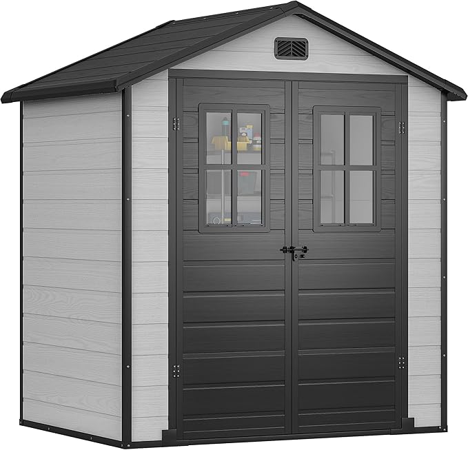 DWVO Outdoor Storage Shed 6x4.4 FT Plastic Garden Tool Shed with 2 Windows, Double-Wall Outside Shed for Lawn Mower, Garden Tool for Backyard, Lawn, Patio