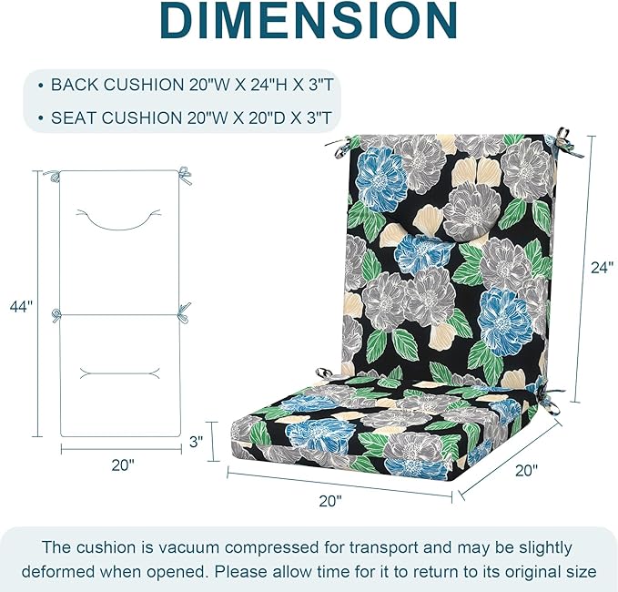 DYTXIII Outdoor High Back Chair Cushions Set of 2, 44x20 in Water Repellent Patio Seat Cushions with Elastic Sponge, All Weather Cushions for Rocking, Dining Chairs, Patio Furniture - Peony Garden