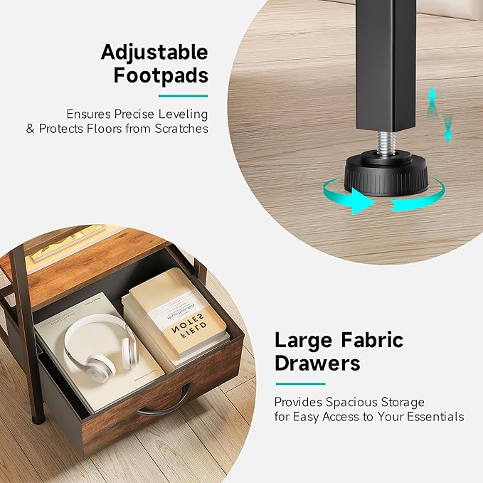 Lazzanto Nightstand with Rear Charging Station, LED Light, 2 Drawers, Brown
