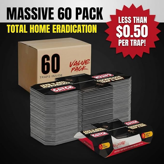 GATCH Roach Traps Indoor (60 Pack), Sticky Baited Cockroach Traps, Roach Killer Indoor Infestation, Adhesvie Glue Traps for Roaches, Insects, Home Bug Ant Spider Cricket, Child & Pet Friendly