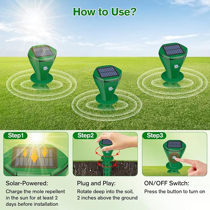 Mole Repellent Solar Powered Ultrasonic,Deer Repellent Devices,Gopher Trap Groundhog Repeller,Sonic Spikes Get Rid of All Pests Vole, Chipmunk,Cat,Skunk,Snake,Mole Trap for Lawn, Garden Yard (4P)