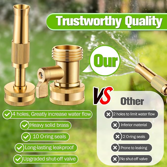 4 Pcs Garden Hose Nozzle Kit, 4" Brass Adjustable Twist Nozzle, Brass Hose Shut Off Valve with 10 Rubber Washers, Heavy Duty High Pressure Nozzle 3/4" GHT Connector for Garden Sprinkler