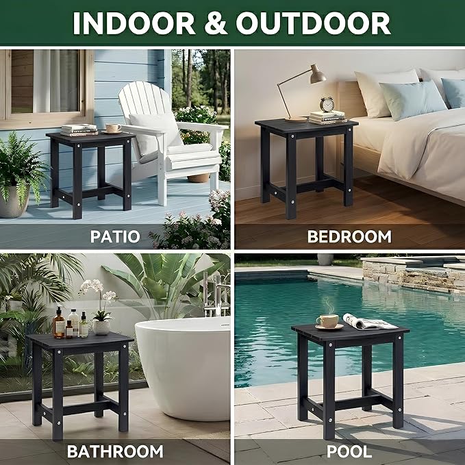 Y&M Outdoor Side Table, HIPS Adirondack Small Single Table, Waterproof Square Outside Table, Balcony Modern End Tables for Patio, Pool, Beach, Porch, Deck, Indoor or Outdoor Use, Black