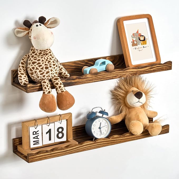 Fun Memories Picture Ledge Shelf for Wall, 24 inch Pine Wood Nursery Book Shelves Set of 2- Wall Book Shelves for Kids Room, Home Decor - Kitchen Spice-Carbonized