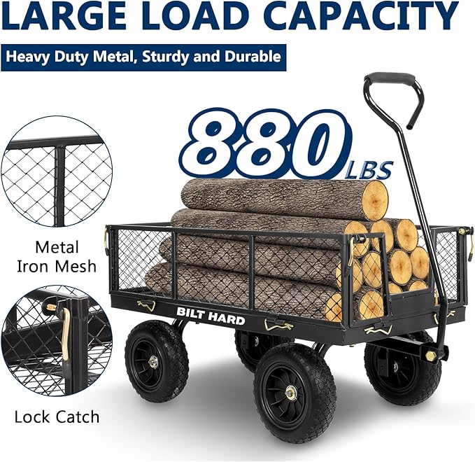 BILT HARD Heavy Duty 400 Lbs Capacity Mesh Steel Garden Cart, 4 Cu.Ft Heavy Duty Garden Cart with 180° Rotating Handle, Removable Sides, 10" All Terrain Wheels Capacity Utility Steel Wagons for Yard