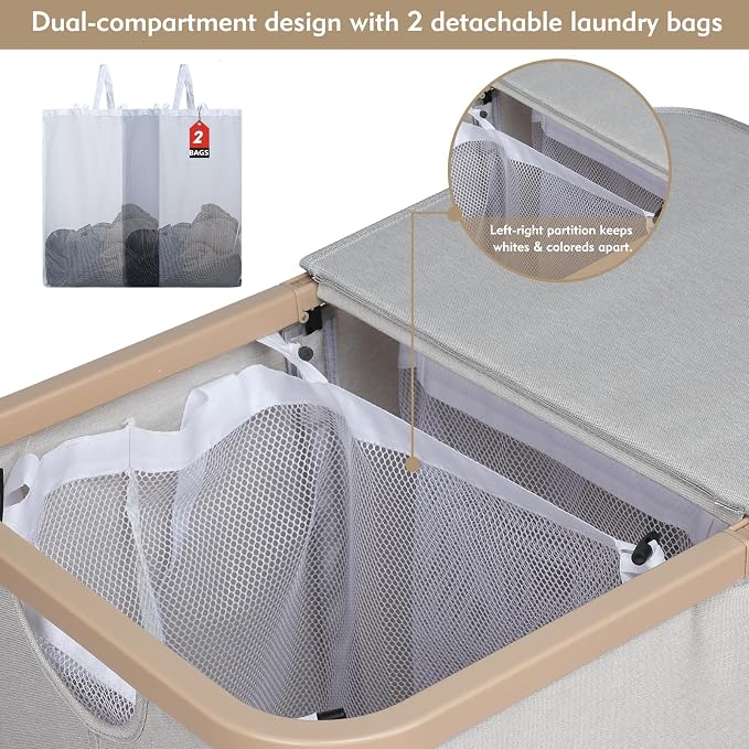 DOKEHOM 160L Double Laundry Basket Hamper with Lid & Removable Bags, Grey | Extra large 2-section collapsible clothes hamper, foldable laundry sorter bin with mesh inserts. Ideal for family use