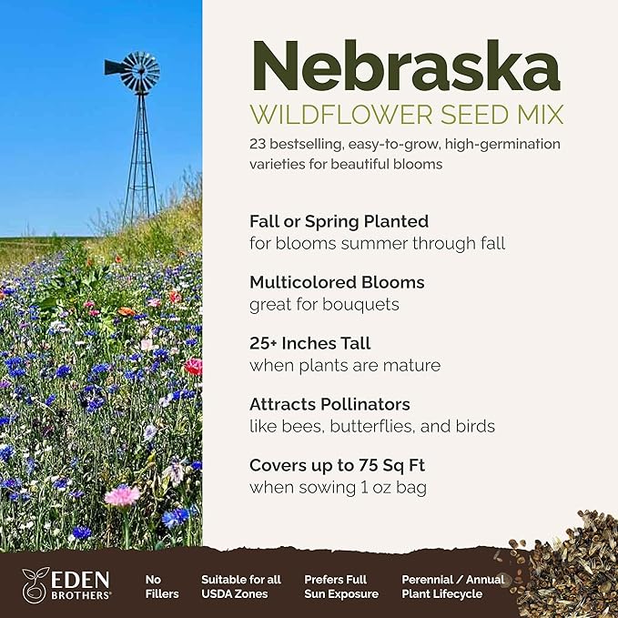 Eden Brothers Nebraska Wildflower Mixed Seeds for Planting, 1 oz, 30,000+ Seeds with Candytuft, Blanket Flower | Attracts Pollinators, Plant in Spring or Fall, Zones