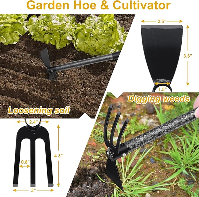 Lilyvane Garden Hoe, 2 in 1 Hand Hoe Garden Tools,60 Inch Long Handle,Garden Hoe and Cultivator for Weeding Cultivating Planting, Small Hand Rake Tiller for Flower Bed Gardening, Loosening Soil