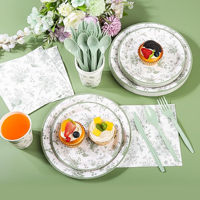 175Pcs Sage Green Floral Paper Plates and Napkins Sage White Flower Arrangements Toile Chinoiserie Party Supplies Set for Spring Summer Bridal Baby Shower Birthday Garden Tea Party