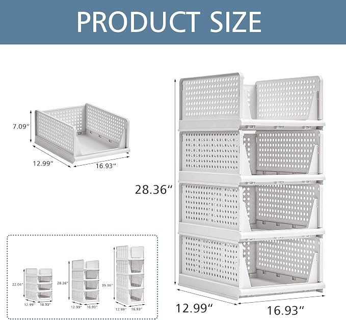 VECELO 4 Pack Plastic Closet Shelf Organizer, Stackable Sweater Storage Closet Drawers, Foldable Wardrobe Organizer, Easy Assembly, Durable and Space Saving for Closet, Bathroom, Kitchen, Gray