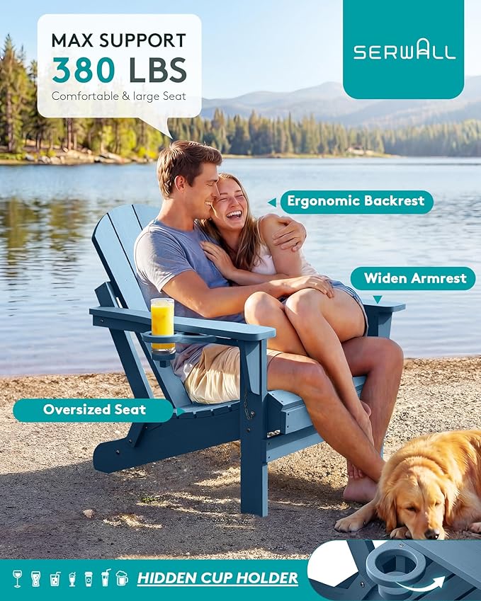 SERWALL Folding Adirondack Chair with Cup Holder Set of 6, Weather Resistant HIPS Lawn Chairs, Wooden Textured, Fire Pit Chairs for Backyard, Garden - Blue
