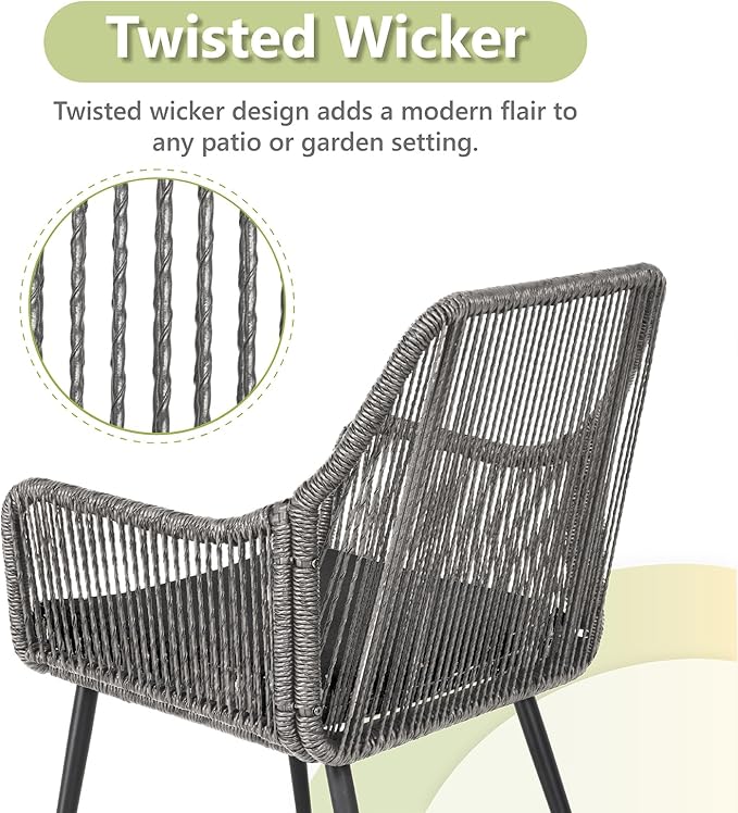 Patio Dining Chairs, Outdoor Dining Chairs with Armrest and Cushion Set of 6, Woven Twisted Wicker Rattan Chair, Modern Indoor Outdoor Seating for Garden, Lawn, Backyard, Grey