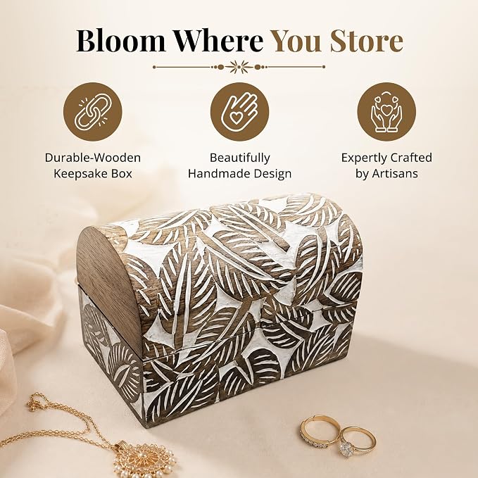 Premium Wooden Semicircular Curved Floral Jewellery Box Designer Trinket Box Ladies Jewellery Storage Case Antique Look Traditionally Handcrafted Home Decor (Leaf)