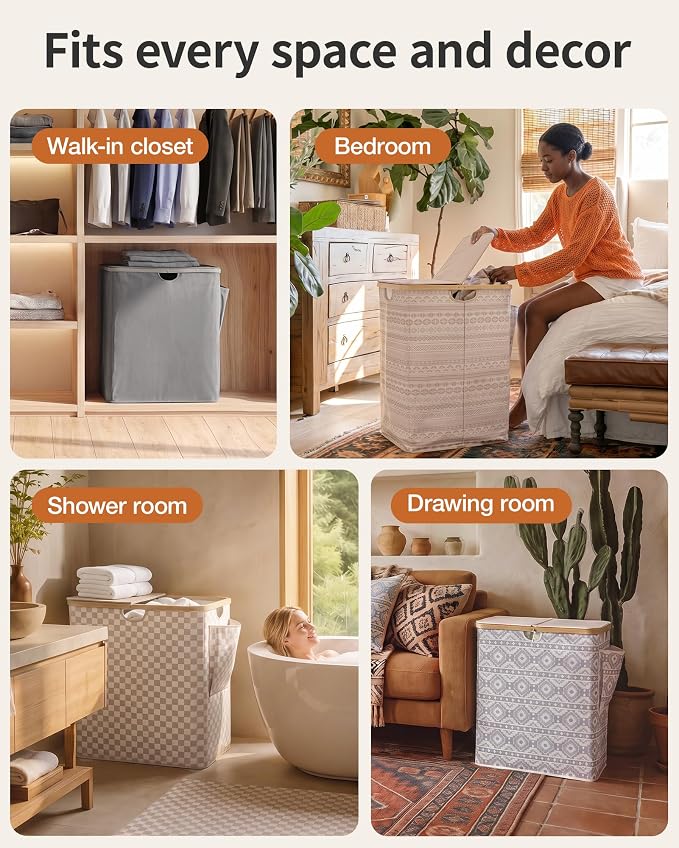 MIZATTO 2 Section Laundry Hamper with Lid, 140L Dirty Clothes Hamper | Double Laundry Basket with Bamboo Handles for Laundry Room, Bathroom, Bedroom, Clothes Hamper Dual Laundry Bin