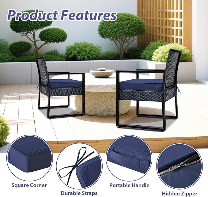 IPYNBAP Outdoor Chair Cushions Set of 4 -Waterproof Outdoor Seat Cushions for Patio Furniture, Patio Chair Cushion with Handle and Ties, Square Out Door Chair Pads,18.5" x 16" x 3", Navy Blue