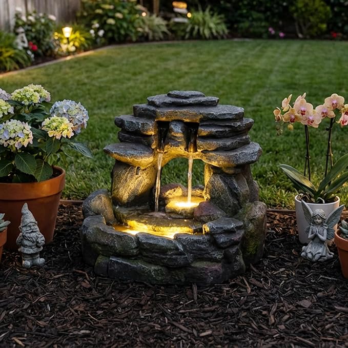 Bumilgar 15.6" H Small Garden Outdoor Rock Water Fountain with LED Lights, 3-Tier Cascading Waterfall Fountain for Patio, Porch, Backyard & Indoor Home Decor