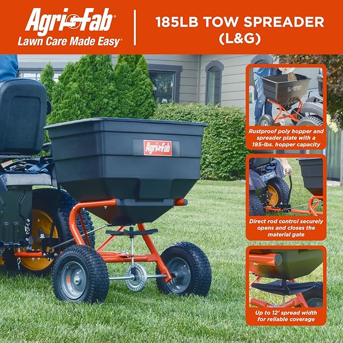 Agri-Fab 45-0547 185 lb. Tow-Behind Lawn & Garden Broadcast Spreader for Seed,Fertilizer,Salt,Ice Melt; Easy to use Flow Control from Seat of Riding Lawn Mower