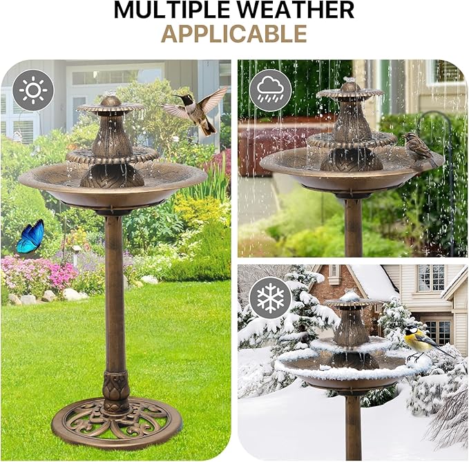 Athena Collection 37'' Height Bird Bath Vintage Pedestal Birdbath Electric Water Fountain with Recirculating Pump Polypropylene Floral Accents 3 Tier Birdbath for Outside, Patio, Garden, Bronze