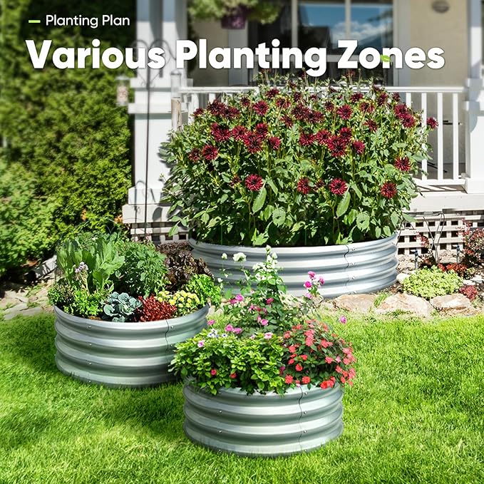 KING BIRD Raised Garden Bed Galvanized Round Planter Box Outdoor for Gardening, Plants, Vegetables, Flowers, Silver, 47.3x47.3x11.8 in