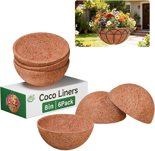 Halatool 6 Pack 8 Inch Coconut Liners for Planters 100% Natural Coco Coir Fiber Hanging Basket Liners Round Coco Liner for Flowers Vegetables Balcony Garden Patio Porch Home Decor