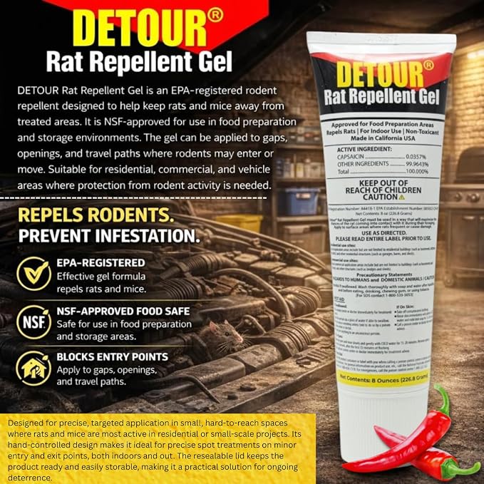 Detour Rat Repellent Gel Professional Grade Rat Mice Repellent 8 oz Squeeze Tube NSF-Approved for Food Preparation Areas Protects Car Engine Wires & Outdoor Grills from Rodents