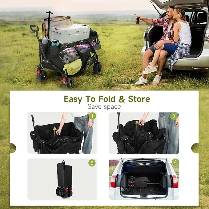 HAUSPROFI Collapsible Wagon Cart, 400 lbs Capacity, 7 cu ft (200L) Large Storage, Heavy Duty Foldable Utility Wagon with Pockets, Beach Wagon with Big Wheels for Sand, Garden, Camping & Grocery