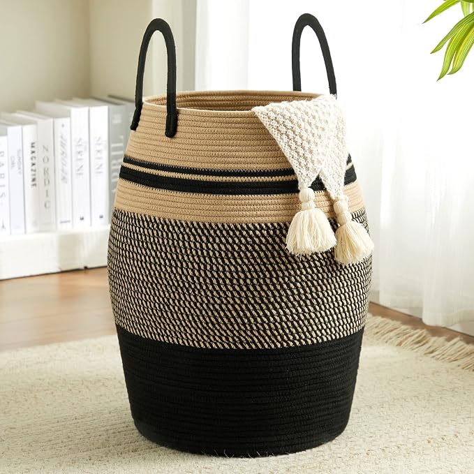 Large Laundry Hamper Basket 65L Woven Blanket Basket, Brown & Black