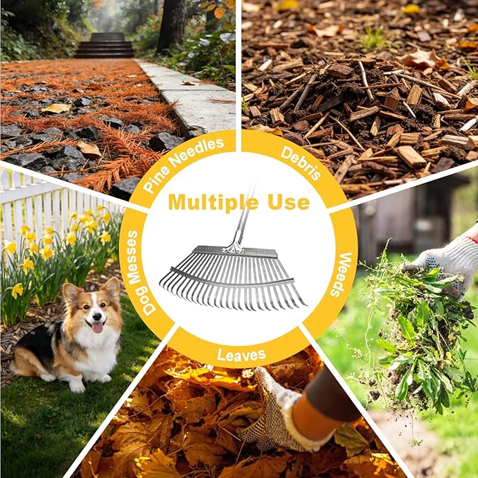 ARTIPOLY Adjustable Leaf Rake, 18-Inch Wide Heavy Duty Garden Rake with 62-Inch Long Handle, Large Metal Leaf Rake for Lawn Yard Grass, Flower Beds, Outdoor Use, Rastrillo para Jardin