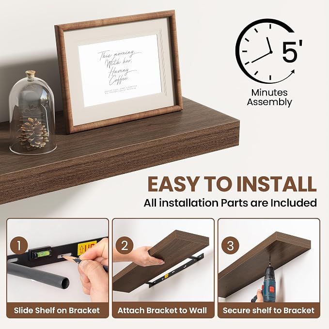 Acovy 72 Inch Floating Shelves for Wall 2 Pack, 72" Wall Shelves for Books, Storage, Decor, Wall Mounted Floating Shelf with Invisible Brackets for Kitchen, Living Room, Walnut