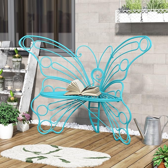 DIBRATY 50 Inches Outdoor Bench, Garden Bench with Sturdy Iron Metal Frame, Pretty Butterfly Bench Front Porch Bench for Porch,Lawn,Garden,Yard